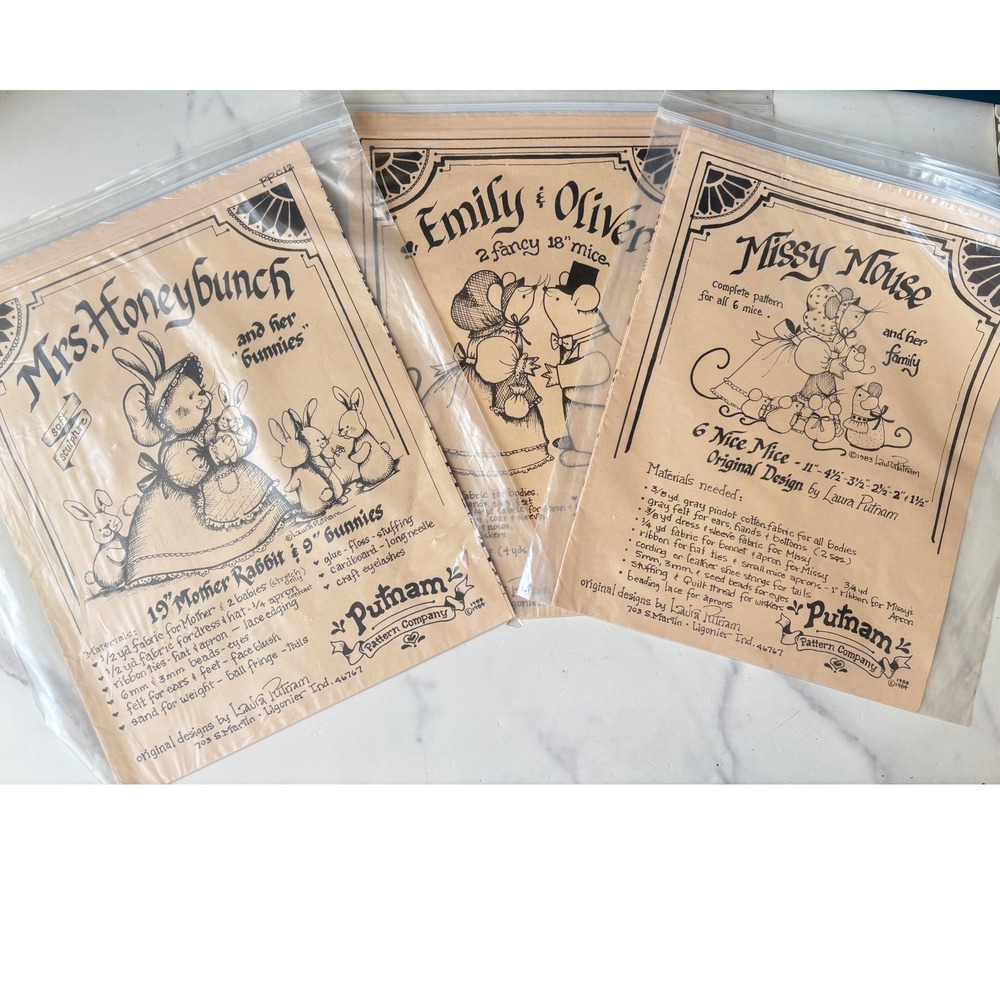 Vintage Putnam Pattern Co Soft Sculpture Rabbit & Mouse Sewing Patterns Lot of 3